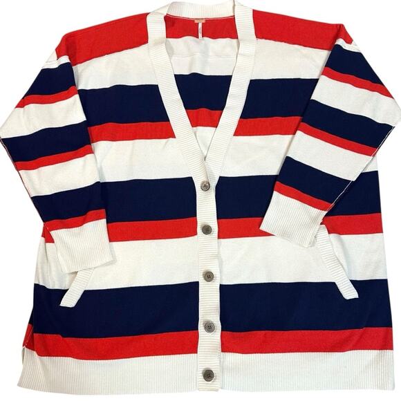 Free People League Of Her Own Cardigan Sweater Americana Stripes Preppy Large - Picture 2 of 13